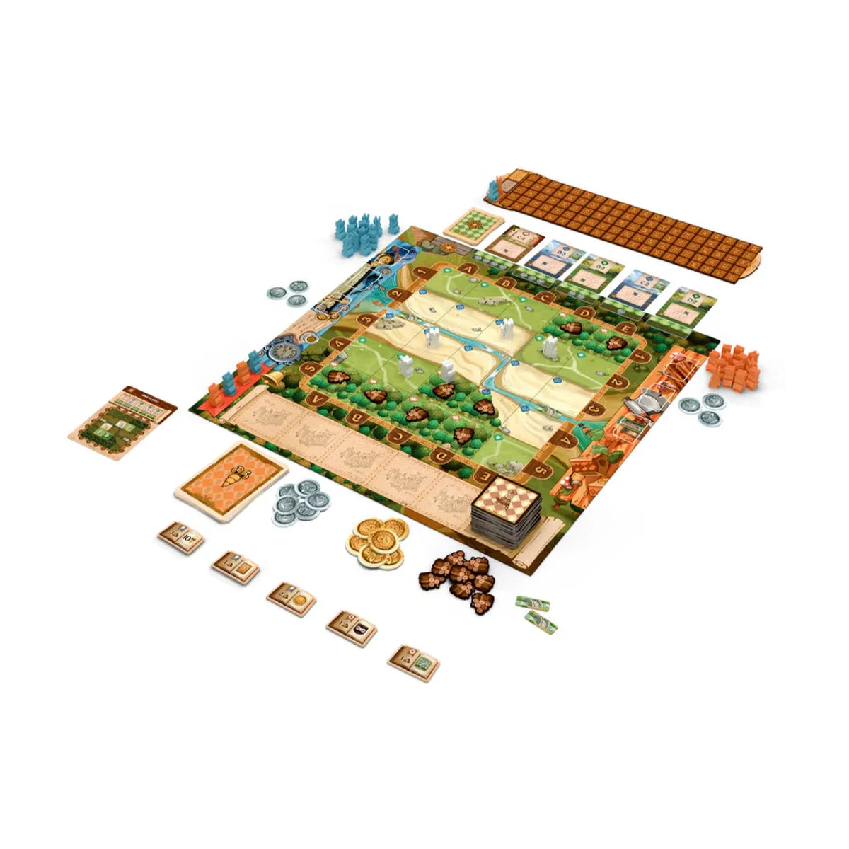 Bunny Kingdom Town game board, Bunny tokens, cards, buildings and scoring components