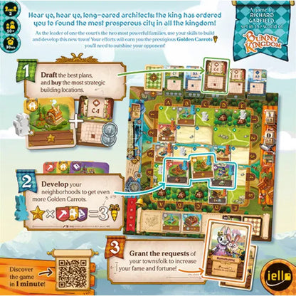 Bunny Kingdom Town gameplay overview showing building plots, neighbourhoods and Request cards