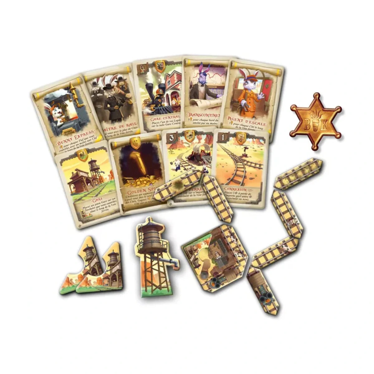 Bunny Kingdom Bunny Express Micro Expansion components showing railroad tracks, station tokens, cards and scoring pieces