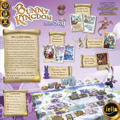 Bunny Kingdom In the Sky Expansion back cover showing Great Cloud board, components, Carrotadels and 5 player support