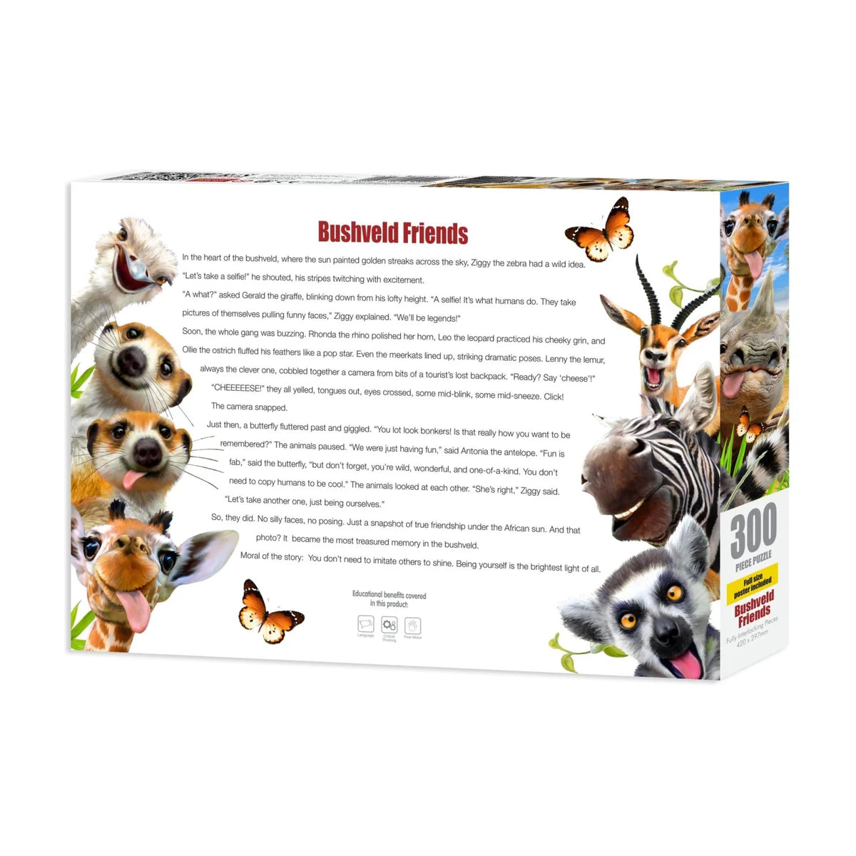 Back of Bushveld Friends 300 piece puzzle box showing story and educational benefits