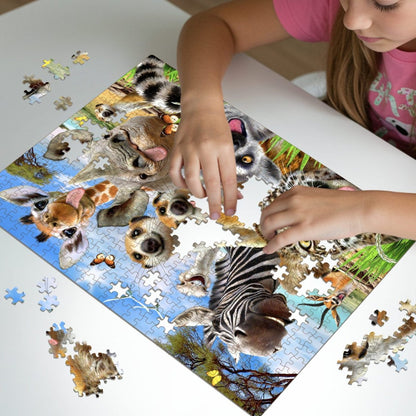 Child building Bushveld Friends 300 piece puzzle with African animal artwork