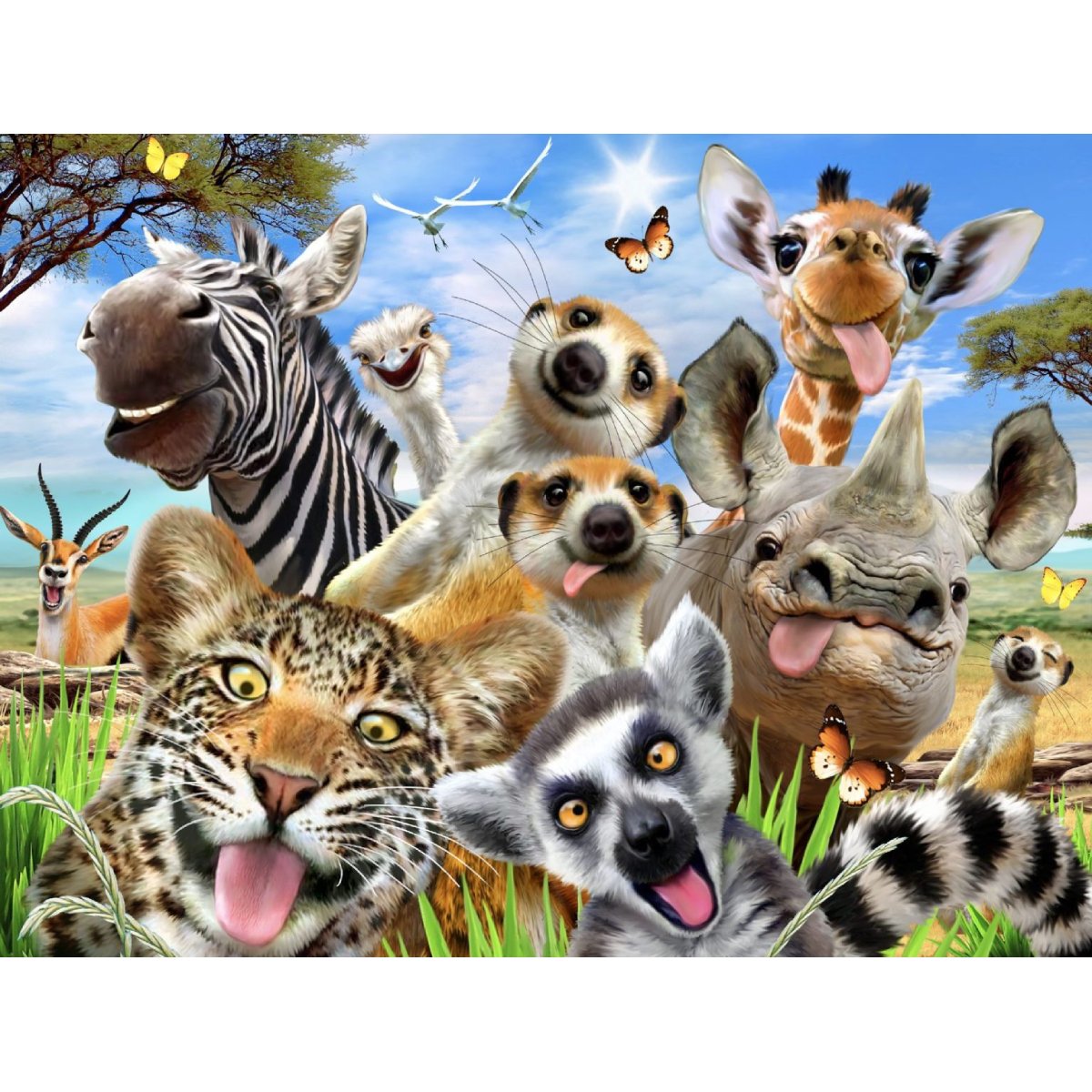 Completed Bushveld Friends puzzle artwork showing zebra, giraffe, rhino, leopard and other African animals