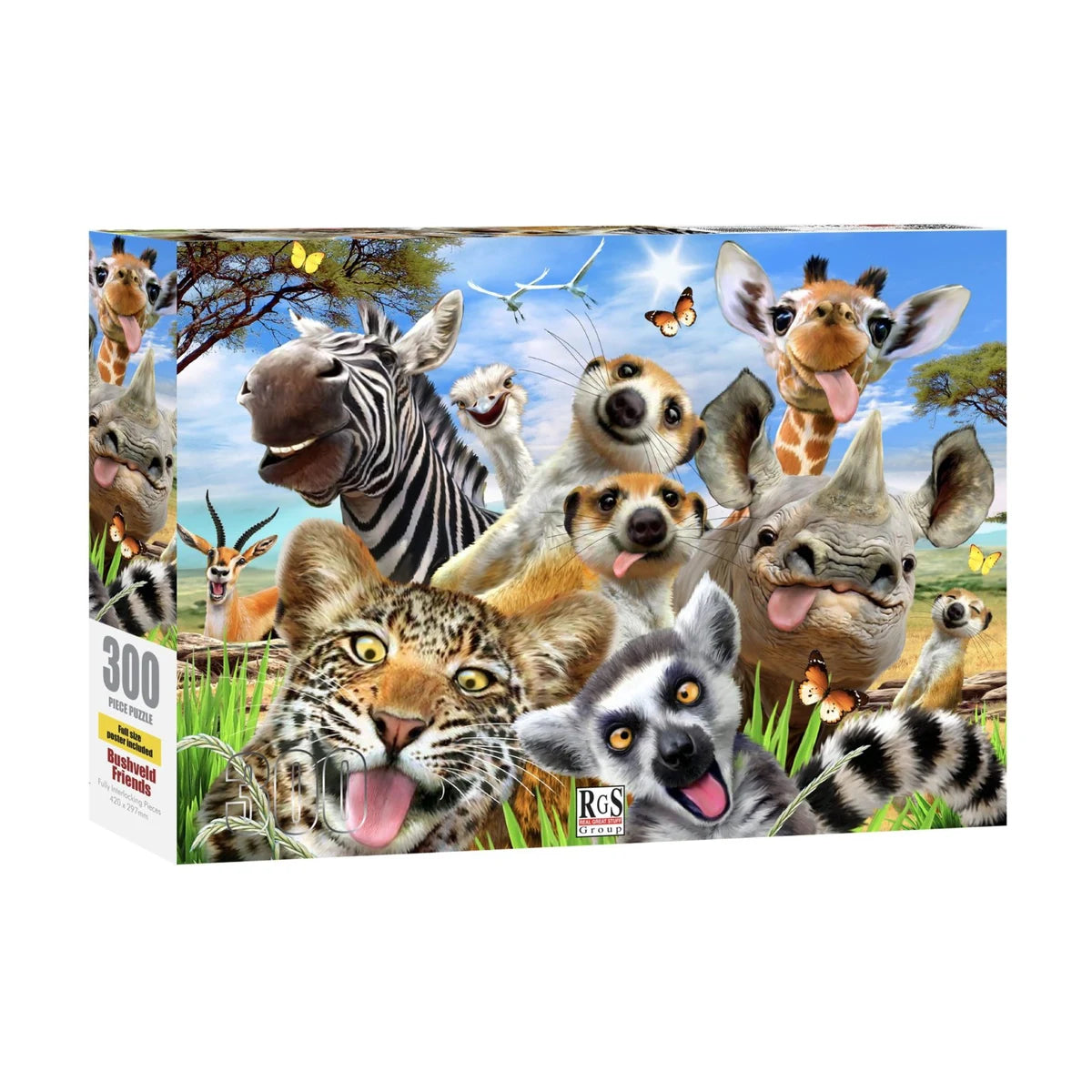 Bushveld Friends 300 piece puzzle box showing playful African animals