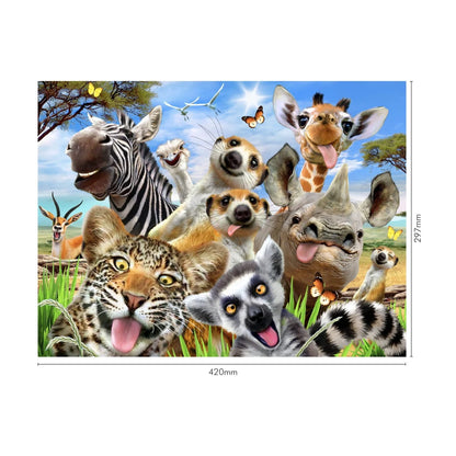 Bushveld Friends 300 piece puzzle size guide showing finished size 420 by 297 mm