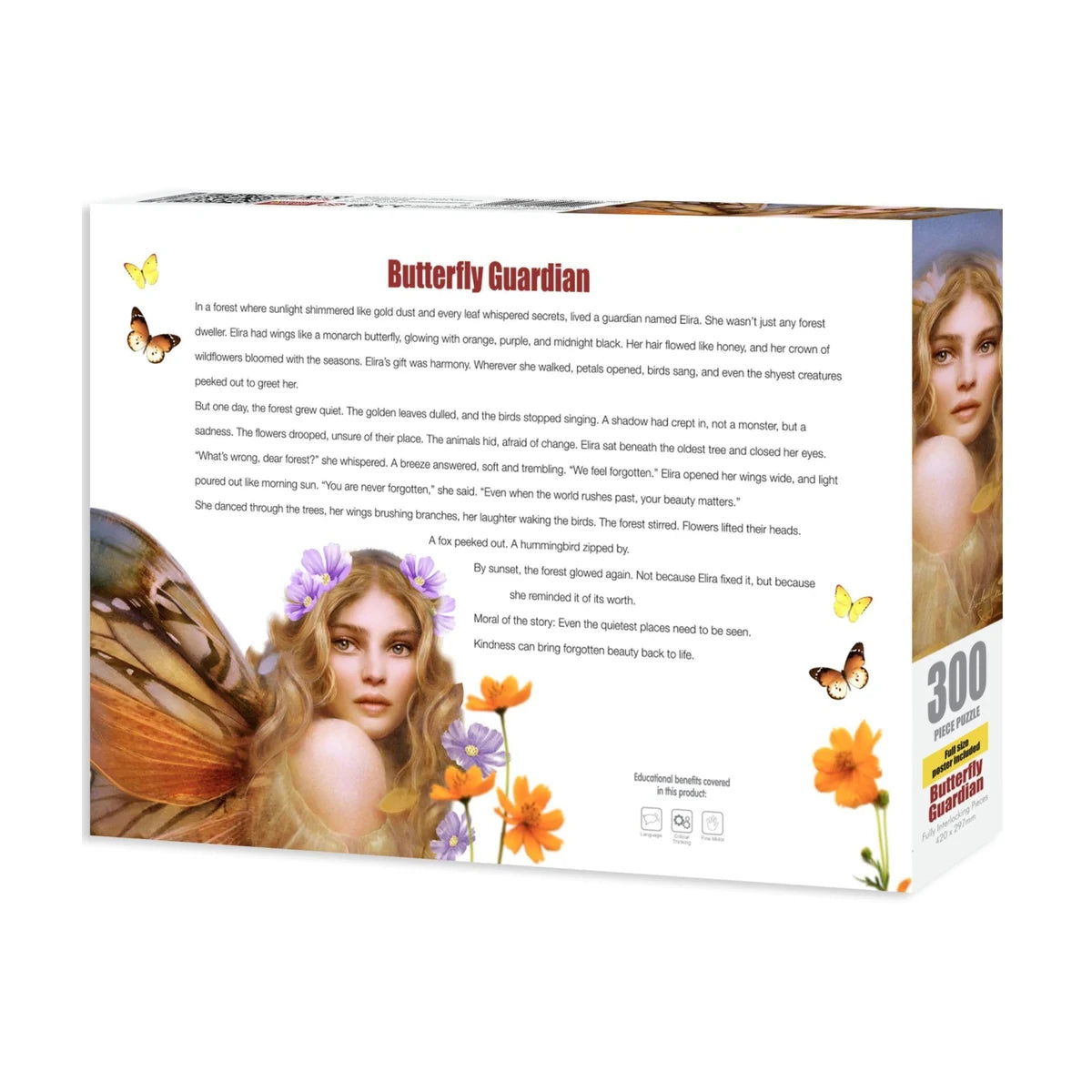 Back of Butterfly Guardian 300 piece puzzle box showing story and educational benefits
