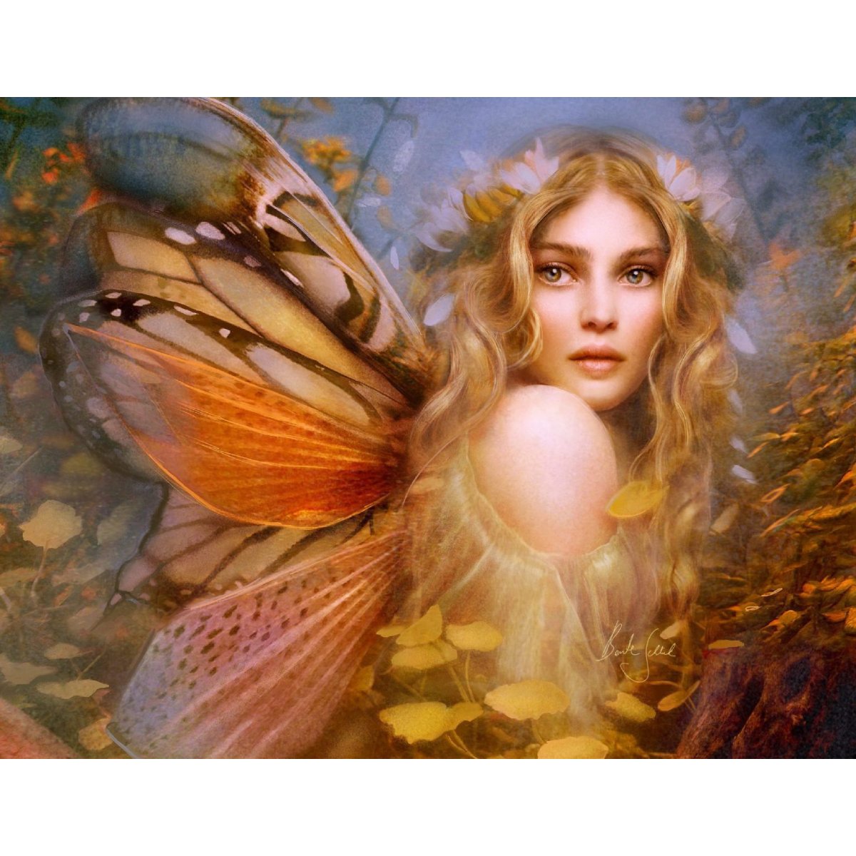 Completed Butterfly Guardian puzzle artwork showing a butterfly guardian in a magical forest