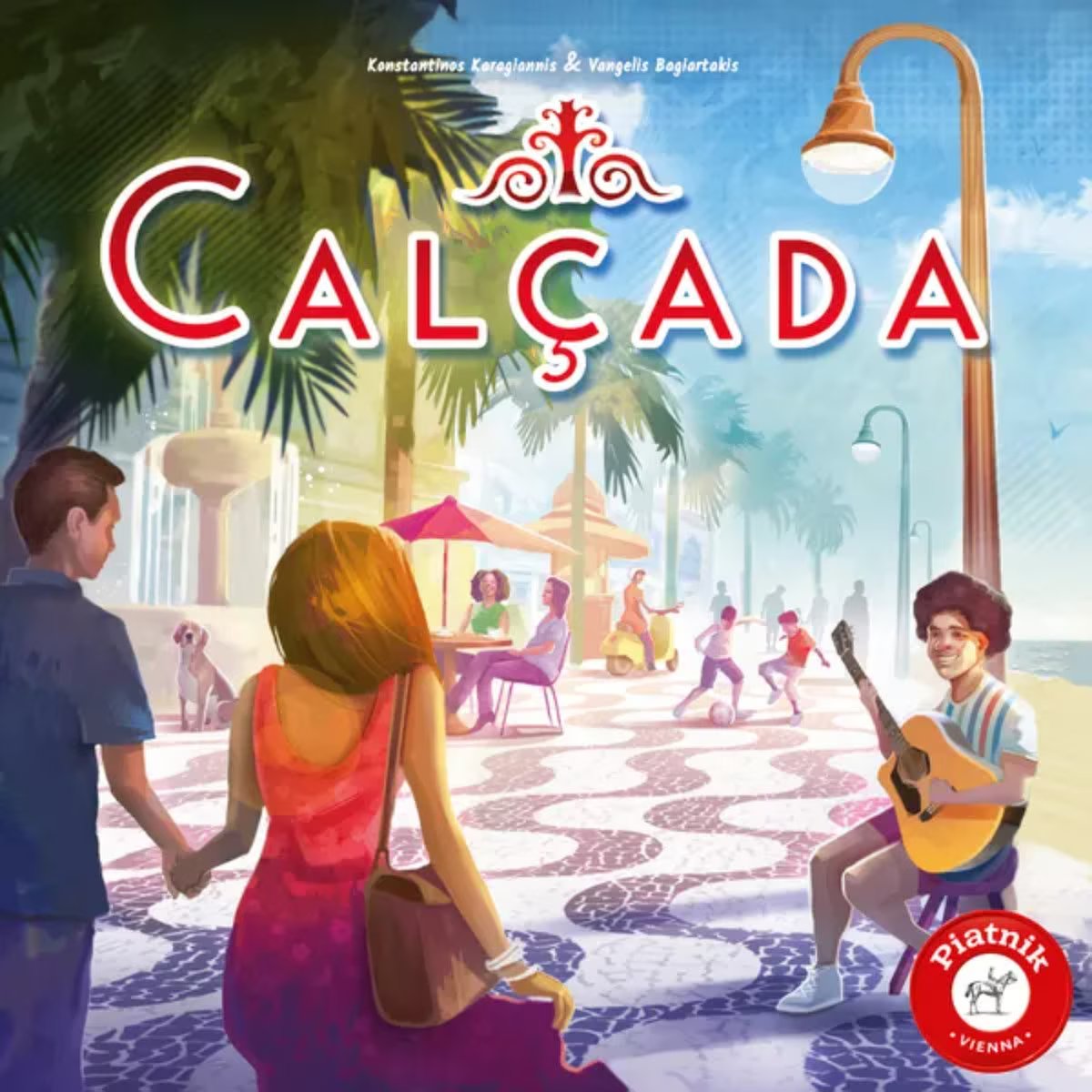 Calçada board game front cover artwork showing Portuguese sidewalk paving theme and colourful street scene