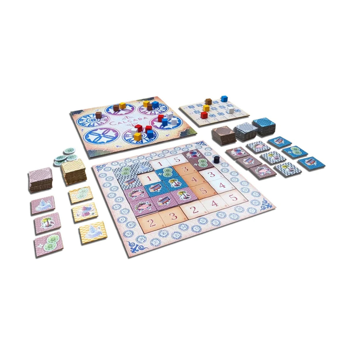 Calçada tile placement board game components showing player boards, Calçada tiles, cobblestones and scoreboards