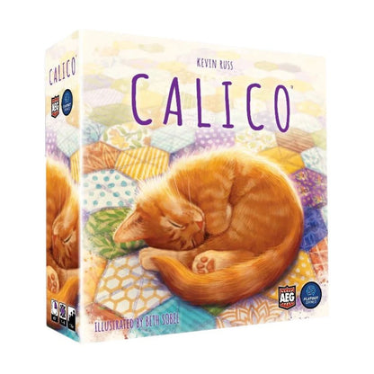 Calico board game box front featuring a curled orange cat sleeping on a colorful patchwork quilt