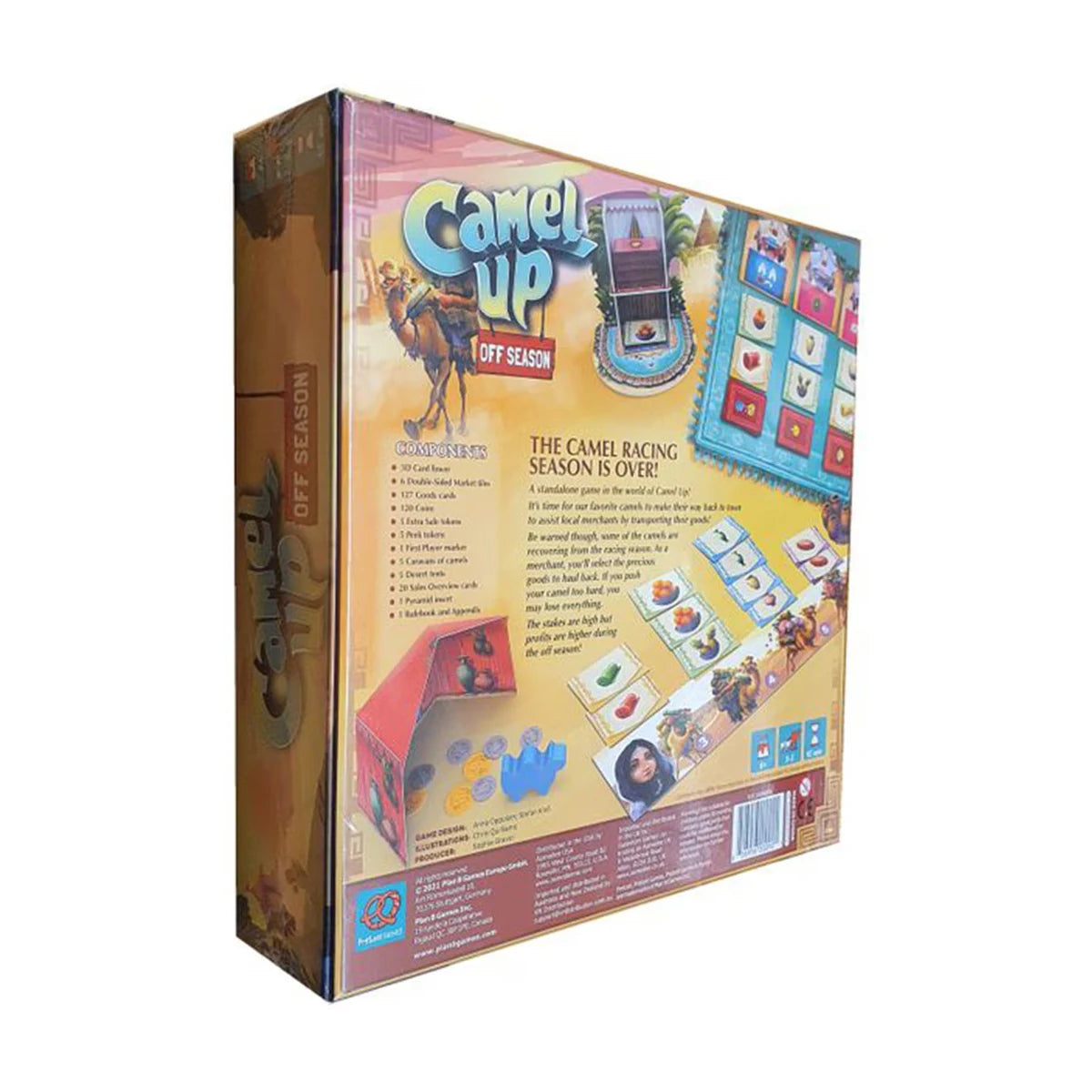 Camel Up Off Season board game back box view with game details and components