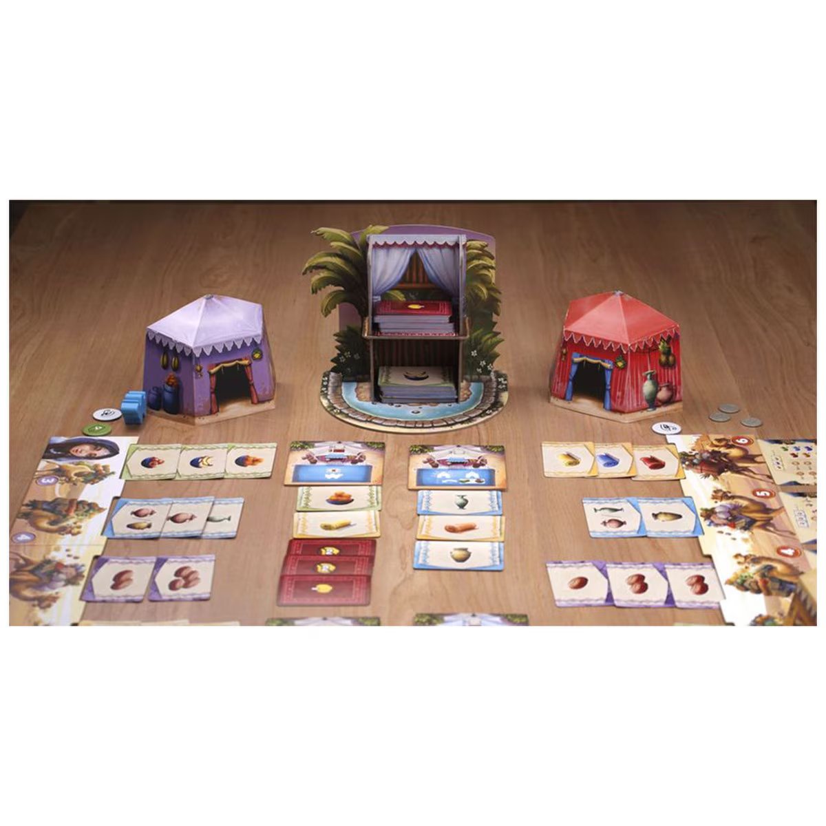 Camel Up Off Season family strategy board game table setup with player areas and central market