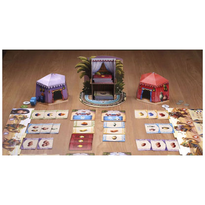 Camel Up Off Season family strategy board game table setup with player areas and central market
