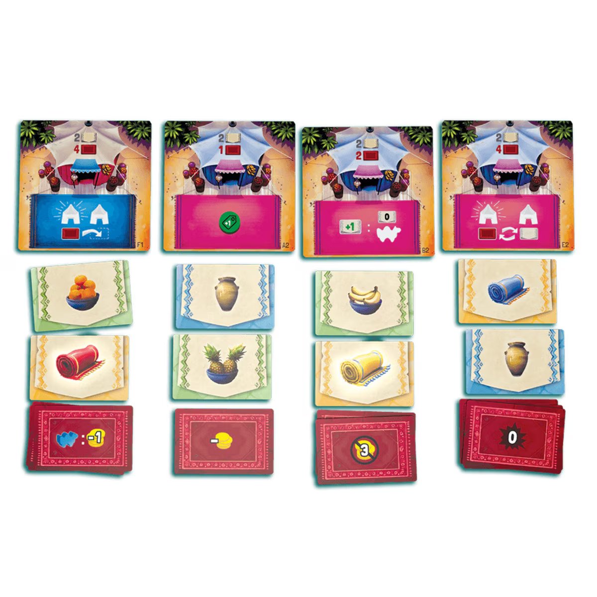 Camel Up Off Season game components with market cards goods cards and tokens