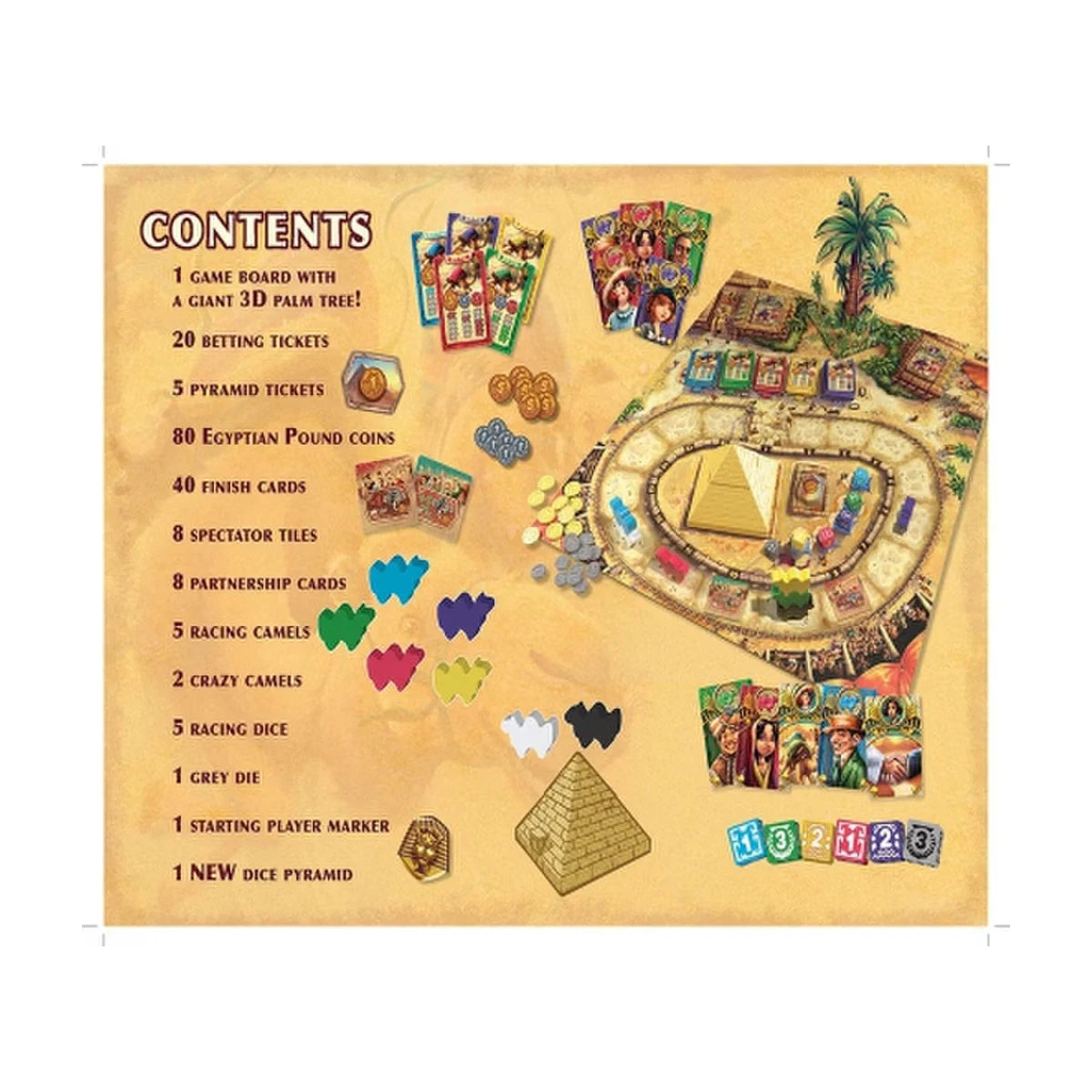 Camel Up Second Edition board game components overview with camels cards coins and dice pyramid