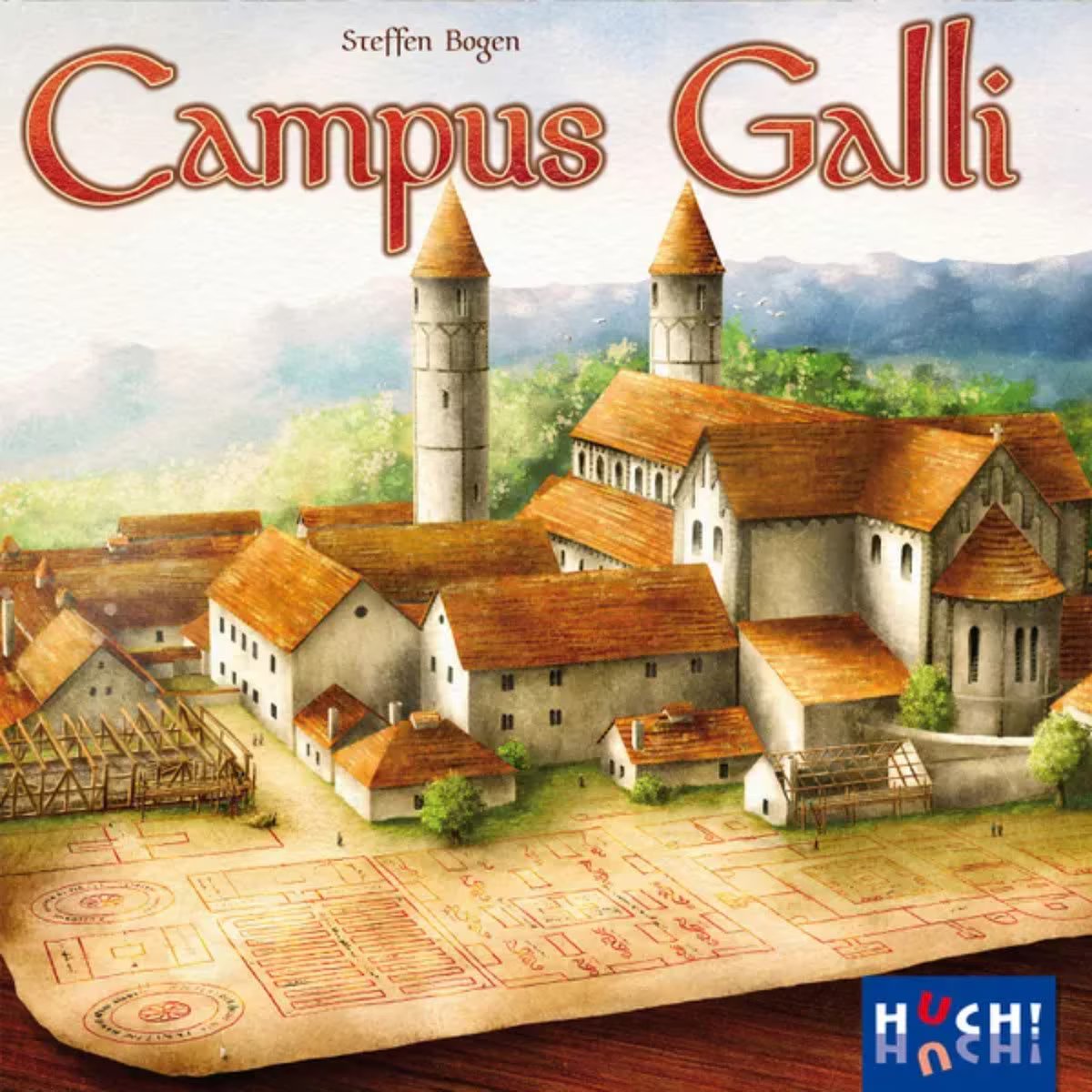 Campus Galli board game cover artwork showing a medieval monastery and architectural plan
