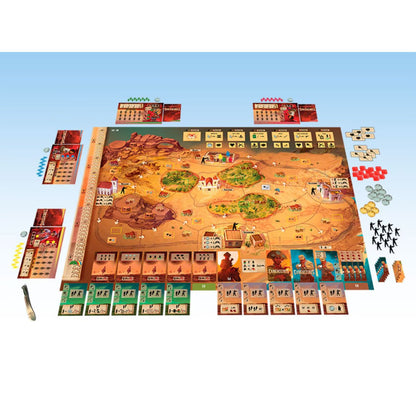 Cangaceiros board game setup showing the map, player boards, cards, wooden meeples and tokens