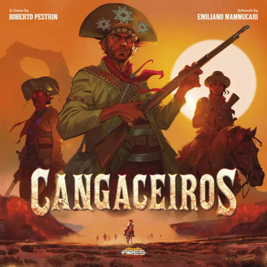 Cangaceiros strategy board game cover featuring three cangaceiros in the Sertão at sunset