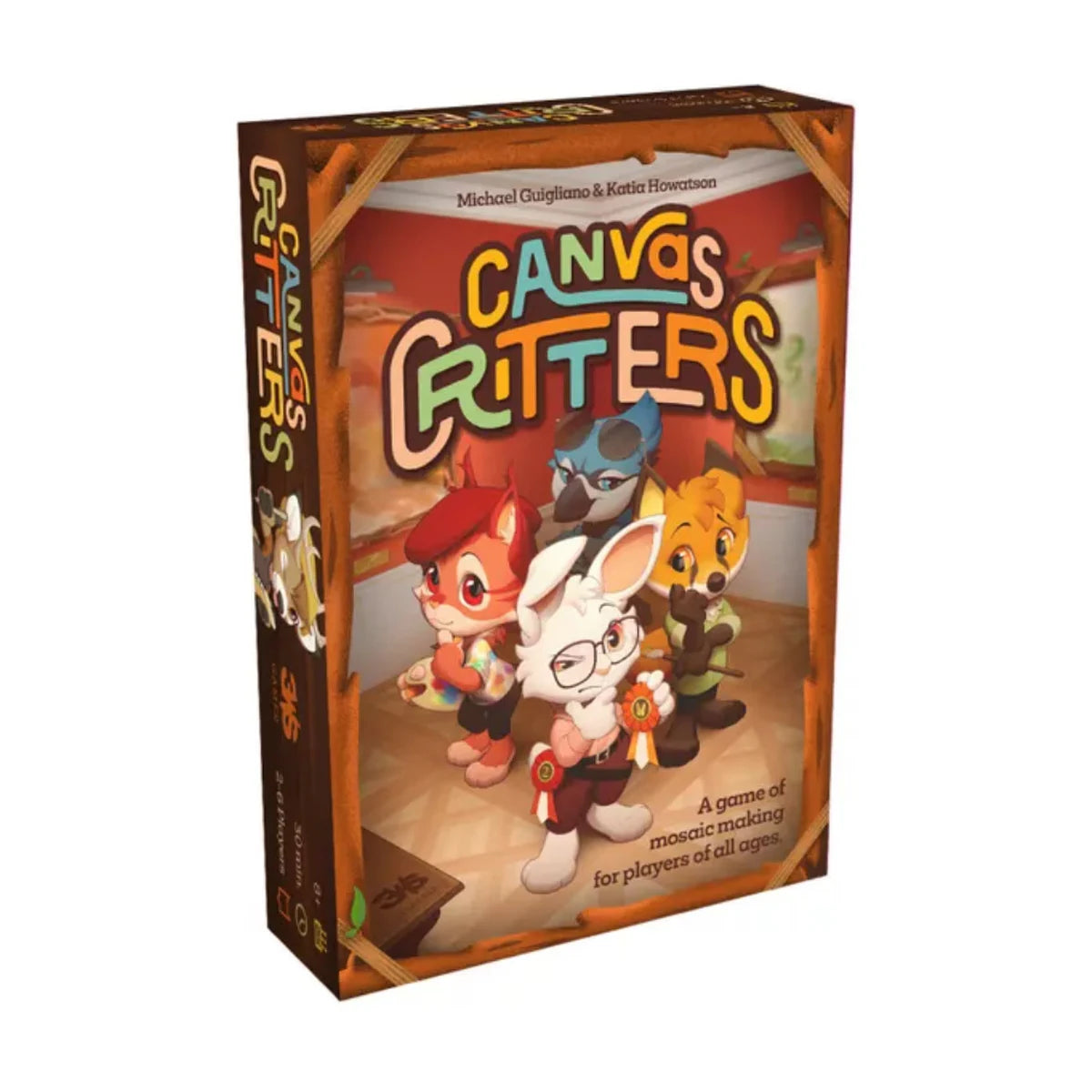 Canvas Critters creative party board game box shown at an angle with colourful animal characters