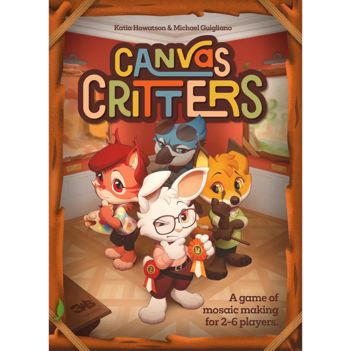 Canvas Critters board game front cover featuring colourful animal characters at an art gallery