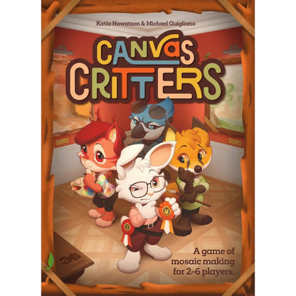 Canvas Critters board game front cover featuring colourful animal characters at an art gallery