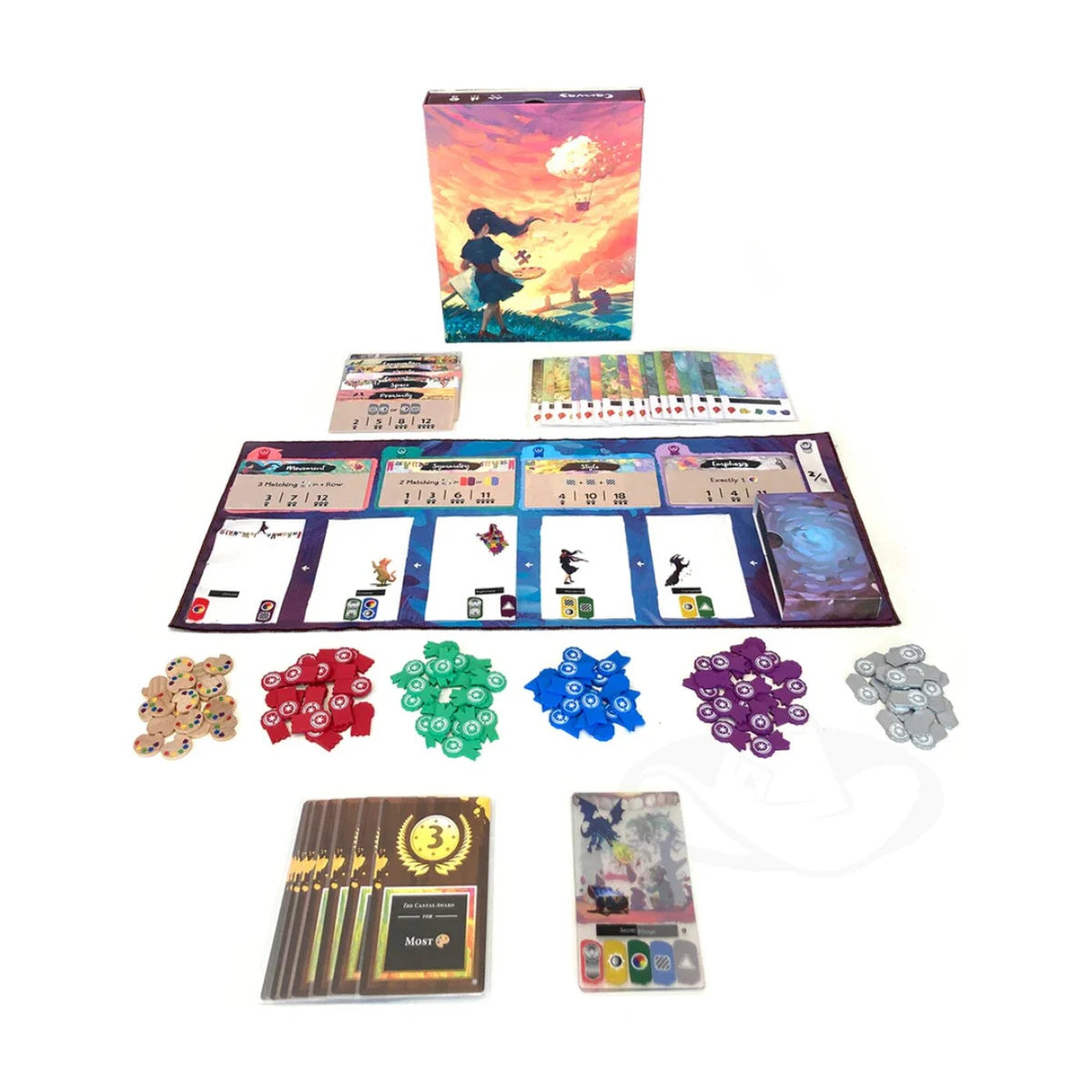 Canvas Deluxe Edition board game components including playmat, transparent art cards, tokens, and scoring board