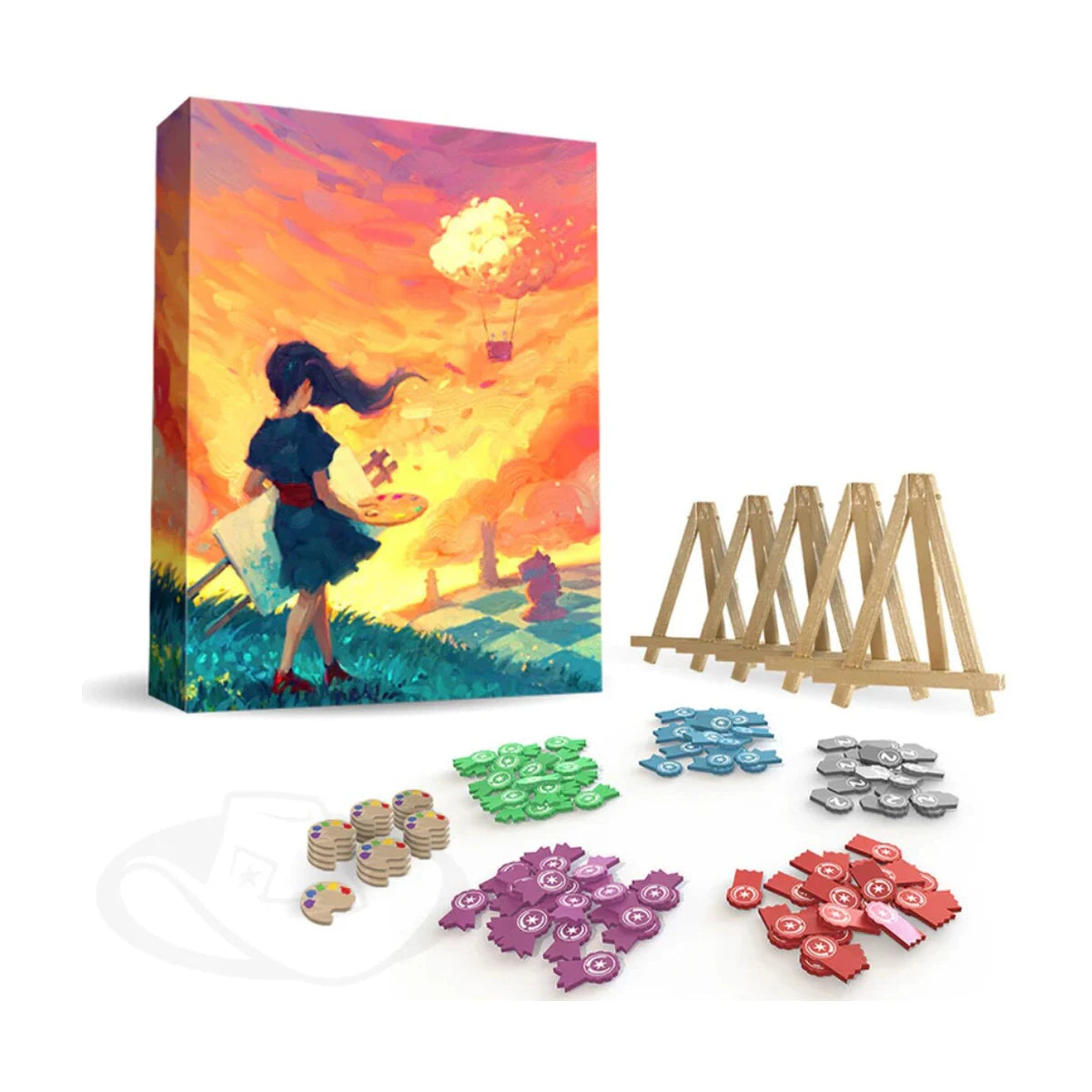 Canvas Deluxe Edition premium contents with wooden easels, ribbon tokens, inspiration tokens, and deluxe board game box
