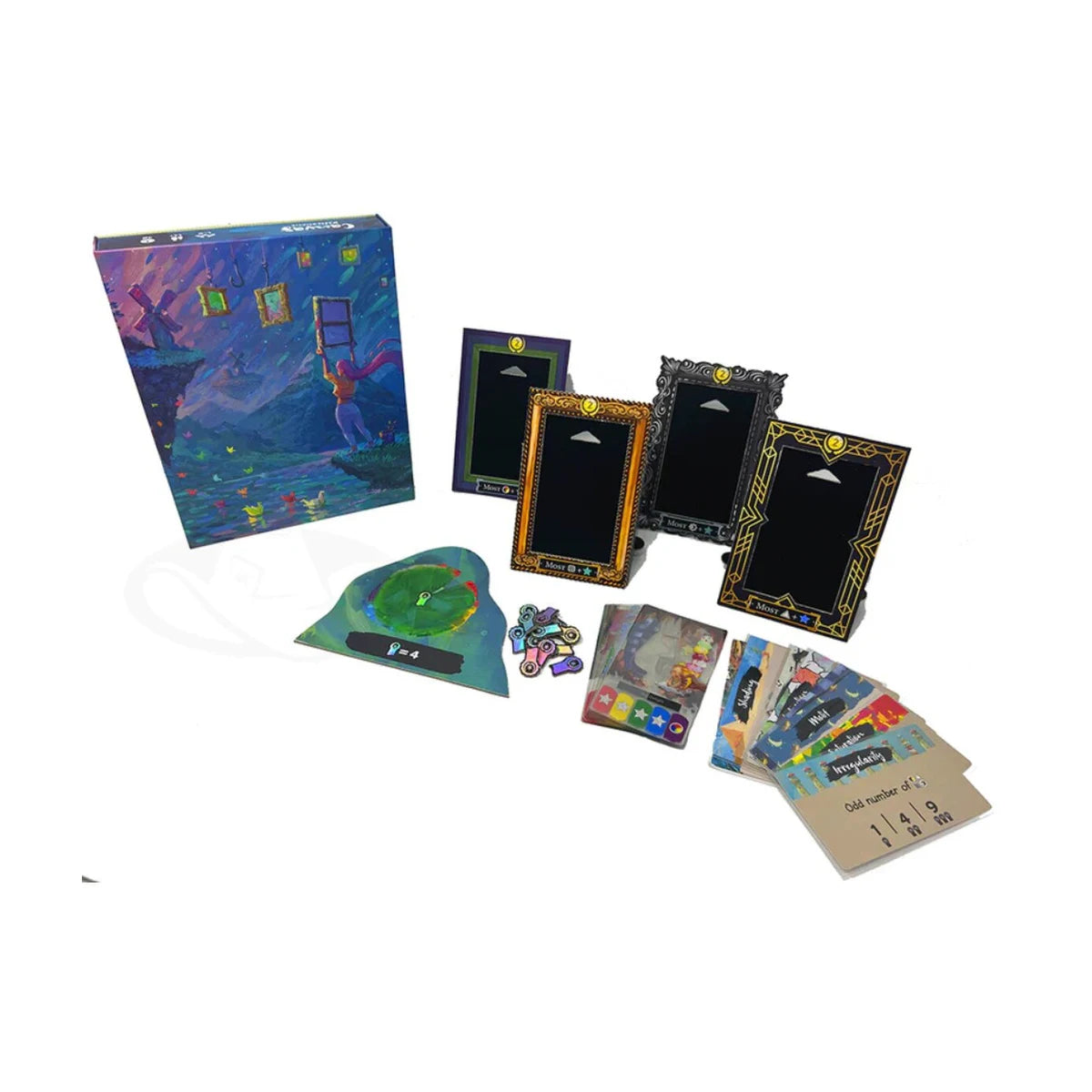 Canvas Finishing Touches Deluxe Edition expansion components showing decorative picture frames, scoring cards, tokens, and expansion box