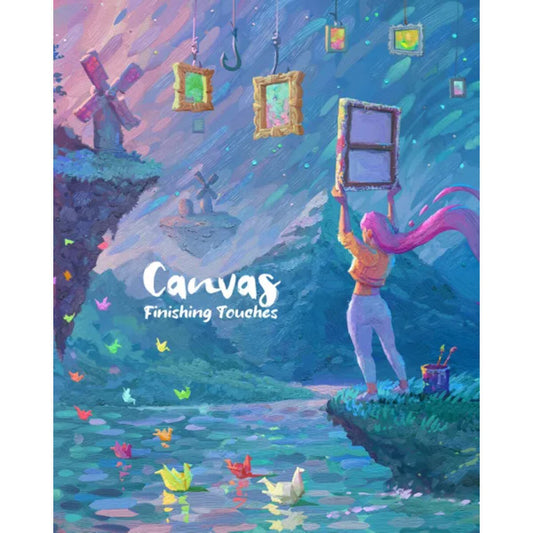 Canvas Finishing Touches expansion box front showing dreamy gallery artwork with floating frames and colourful paper boats on the water