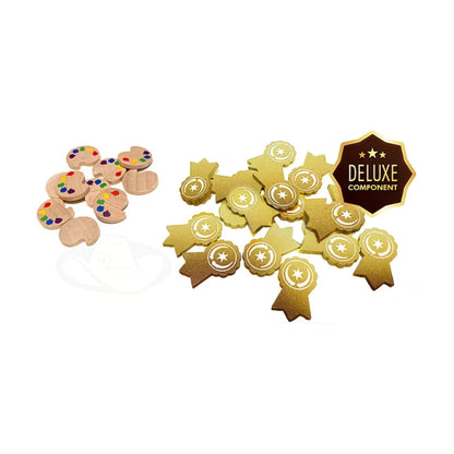 Canvas Reflections Deluxe Edition premium wooden palette tokens and gold ribbon components close up