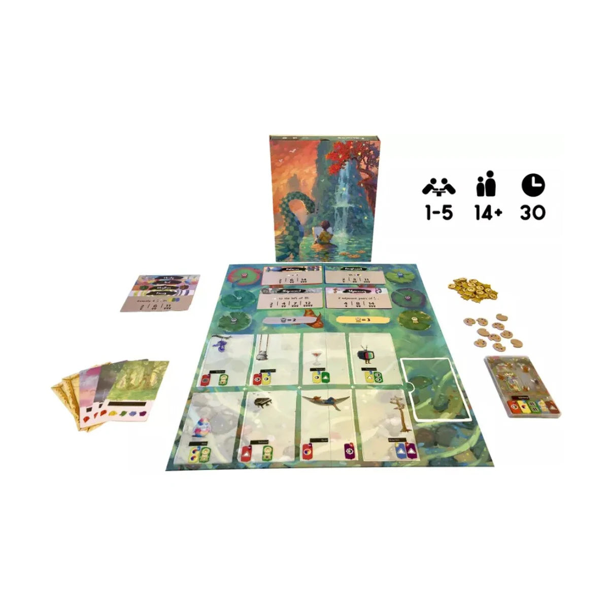 Canvas Reflections expansion components showing game board, transparent cards, scoring cards, tokens, and expansion box