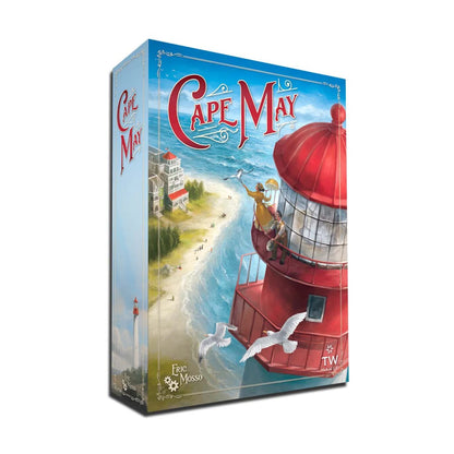 Cape May strategy board game box featuring the historic seaside town and lighthouse