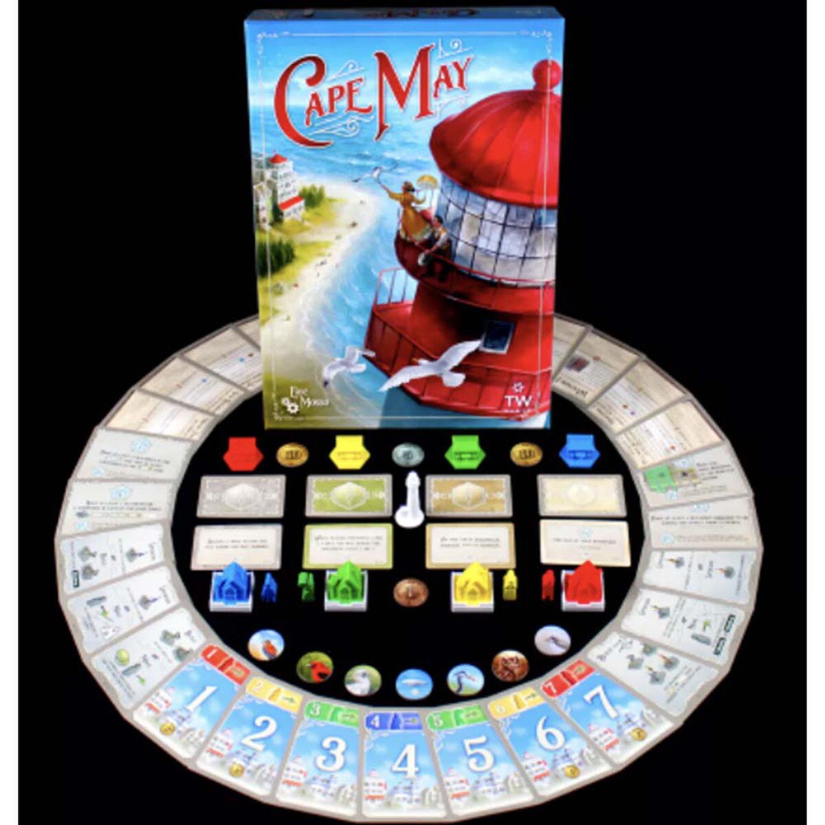 Cape May board game component display with box cards building pieces tokens and player boards