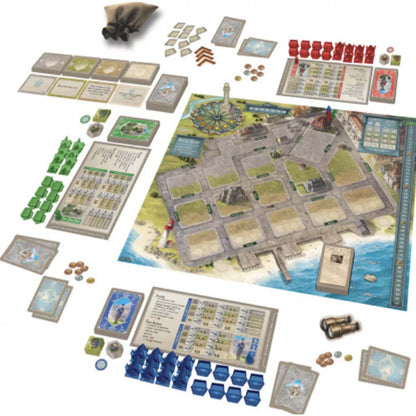 Cape May strategy board game components with game board player pieces cards tokens and buildings