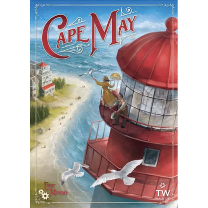 Cape May board game cover art showing the seaside coastline and red lighthouse