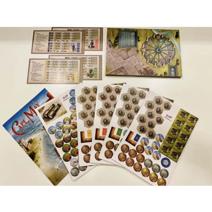 Cape May board game player boards cards money tokens bird tokens and building components