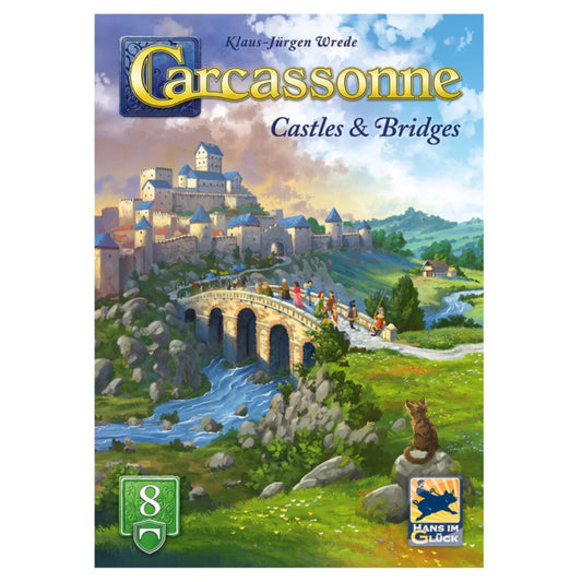Carcassonne Castles & Bridges Expansion 8 V3.1 cover art showing a castle, bridge, river and countryside for the tile placement board game expansion