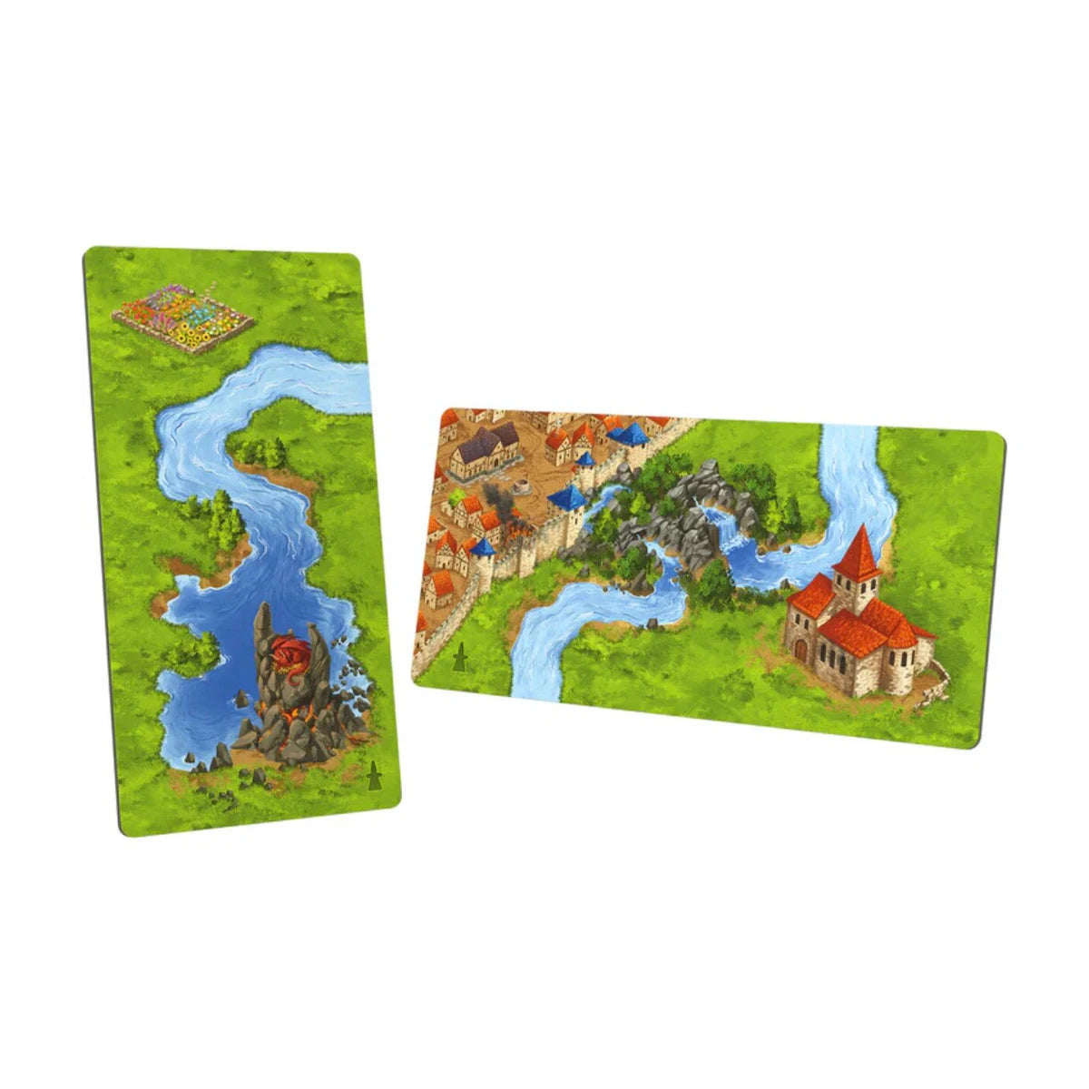 Carcassonne Dragon and Fairy expansion land tiles with river castle and fantasy features