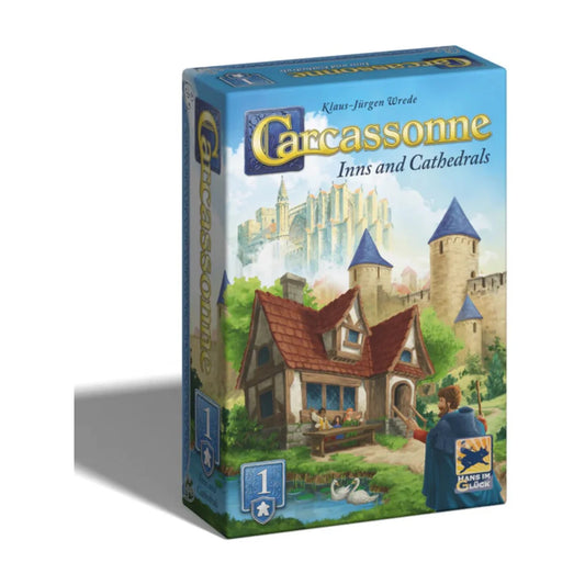 Carcassonne Inns and Cathedrals Expansion 1 angled box with medieval inn cathedral and castle artwork