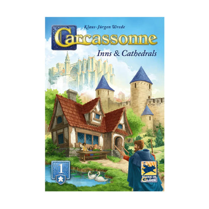 Carcassonne Inns and Cathedrals Expansion 1 front artwork for the classic tile laying board game