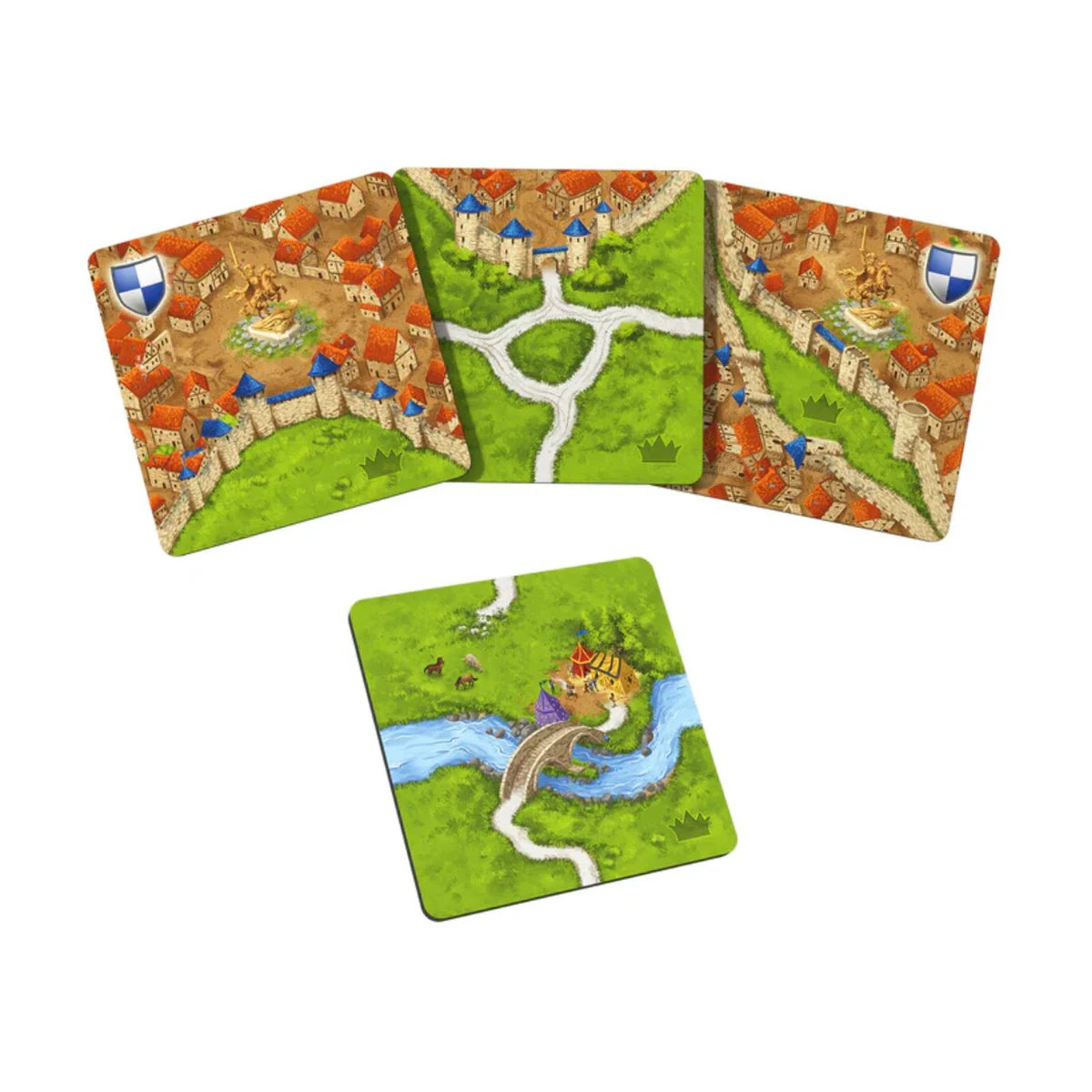 Carcassonne Jousts and Crests Expansion 6 four land tiles with castle roads crest symbols and tournament artwork