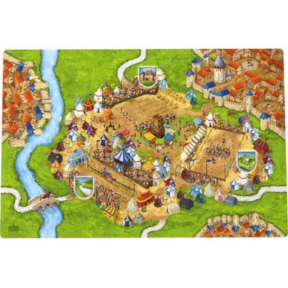 Carcassonne Jousts and Crests Expansion 6 tournament land tile with jousting arena tents crowds city walls river and medieval festival scene