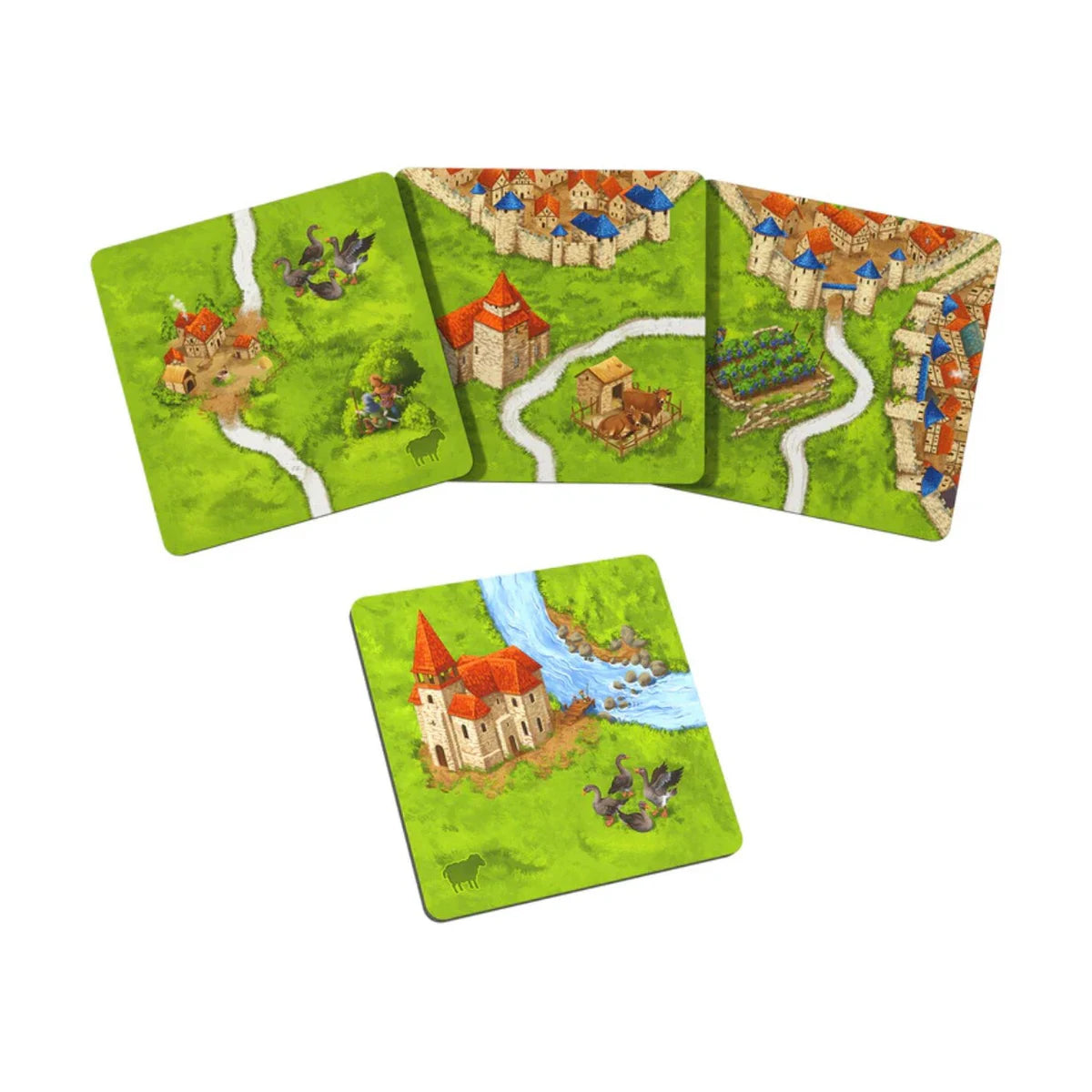 Carcassonne Sheep & Shepherds Expansion 9 land tiles showing countryside roads, city edges, sheep icons and vineyard style artwork