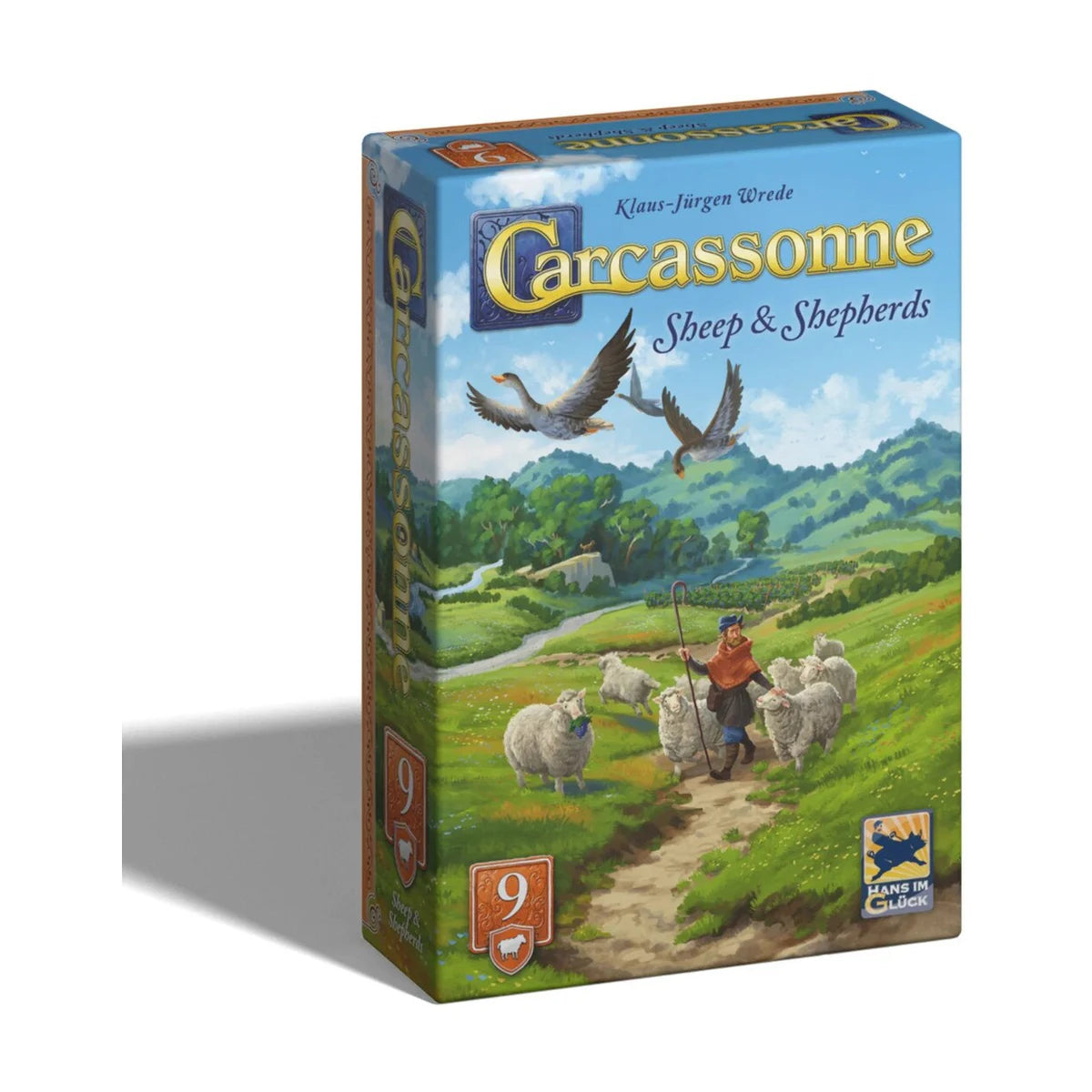 Carcassonne Sheep & Shepherds Expansion 9 V3.1 box showing shepherd and sheep artwork for the Carcassonne tile placement board game expansion