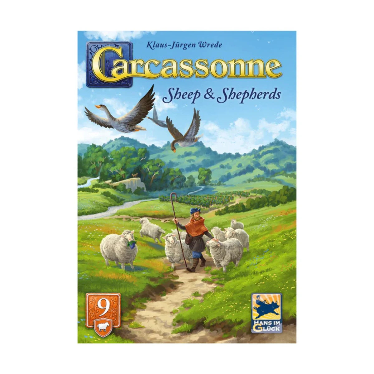 Carcassonne Sheep & Shepherds Expansion 9 V3.1 cover art with shepherd, sheep and countryside for the Carcassonne expansion