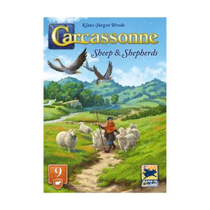 Carcassonne Sheep & Shepherds Expansion 9 V3.1 cover art with shepherd, sheep and countryside for the Carcassonne expansion