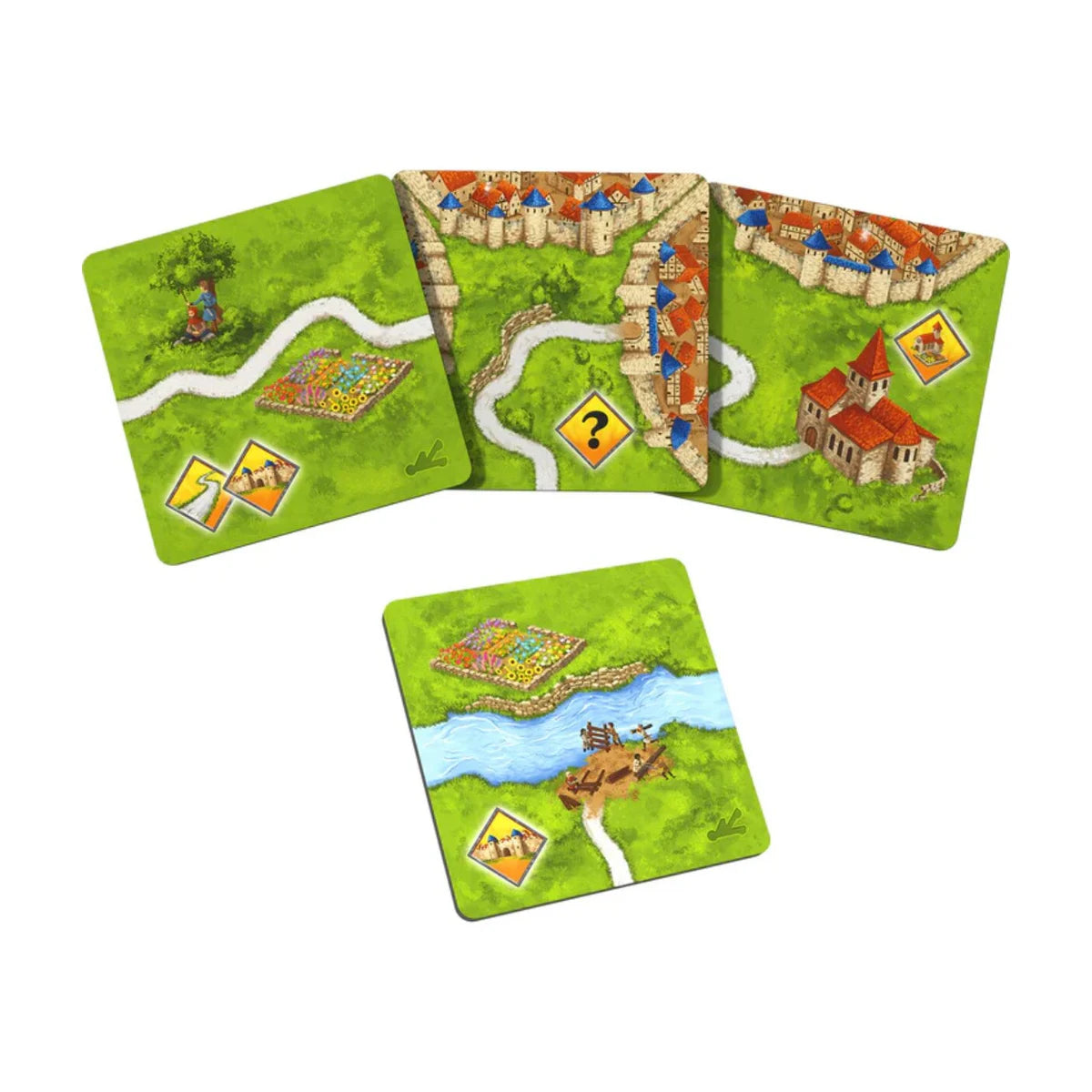 Carcassonne Siege and Defense expansion tile components and feature tiles