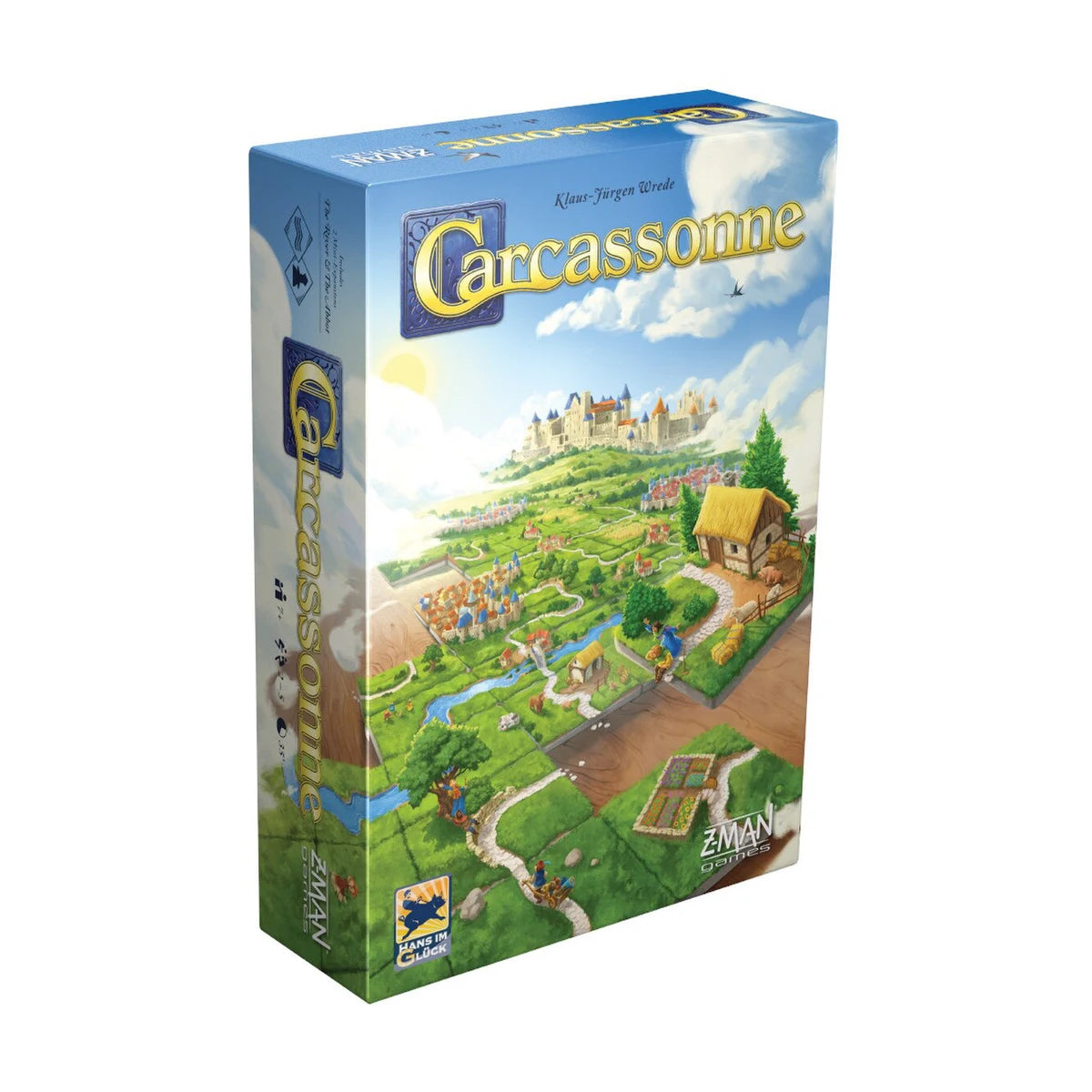 Carcassonne tile-laying board game box front with medieval landscape artwork