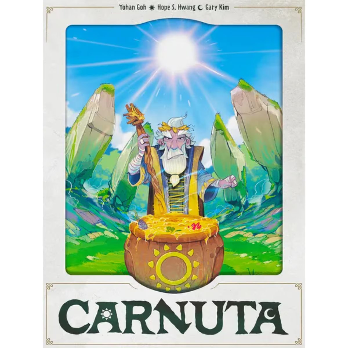 Carnuta board game front cover artwork showing a druid creating a glowing potion in a cauldron