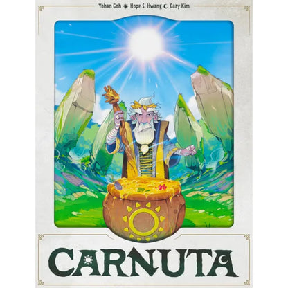 Carnuta board game front cover artwork showing a druid creating a glowing potion in a cauldron